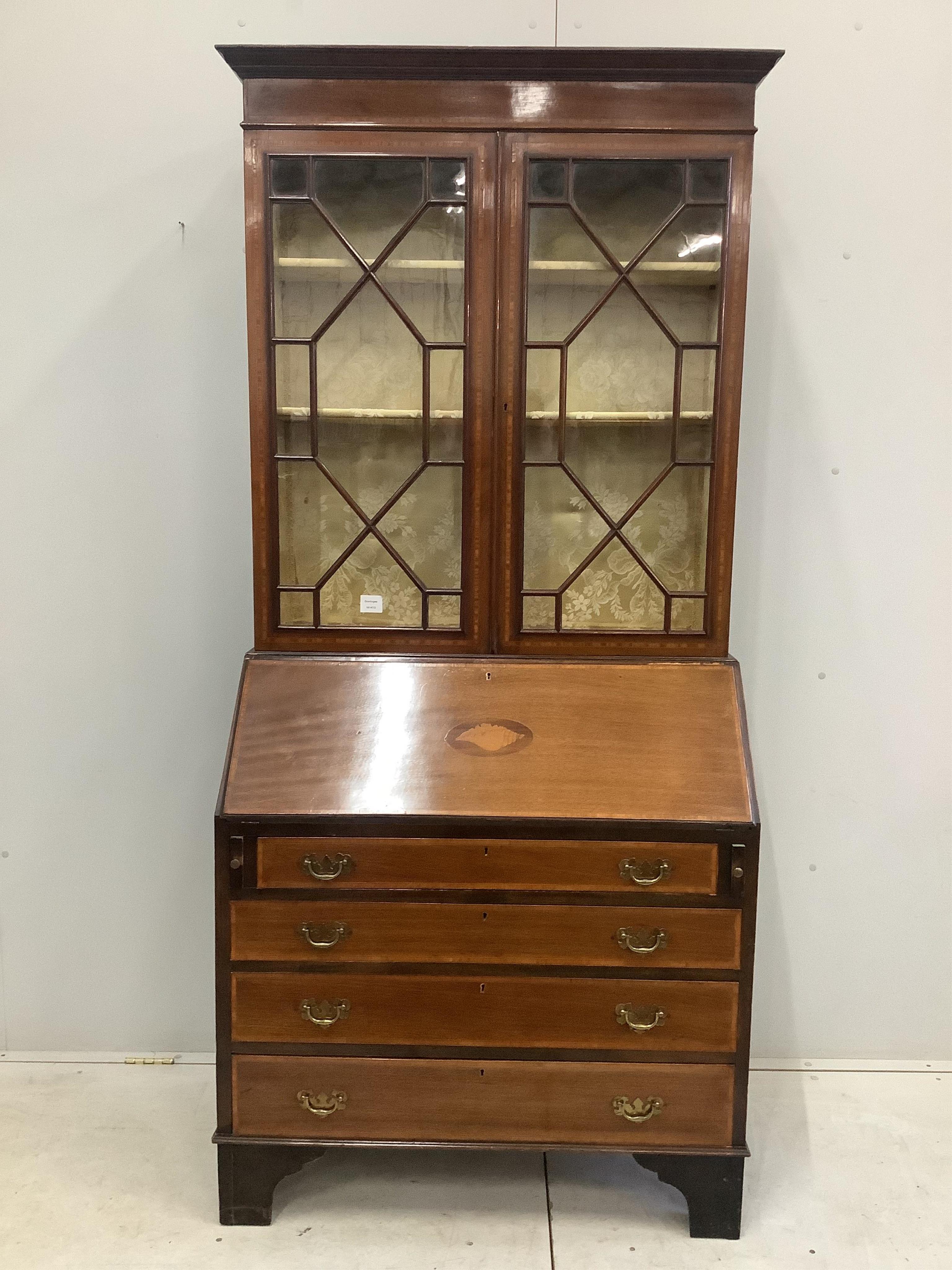 An Edwardian satinwood banded mahogany bureau bookcase, width 92cm, height 203cm. Condition - fair to good